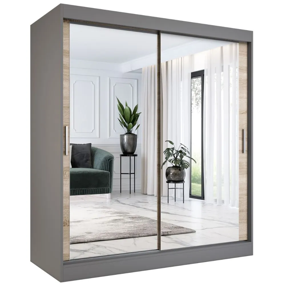 Szafa przesuwna MODUO COMFORT 180 antracyt/dąb sonoma z dwoma lustrami do sypialni | MIRAT.  kolekcja MODUO COMFORT