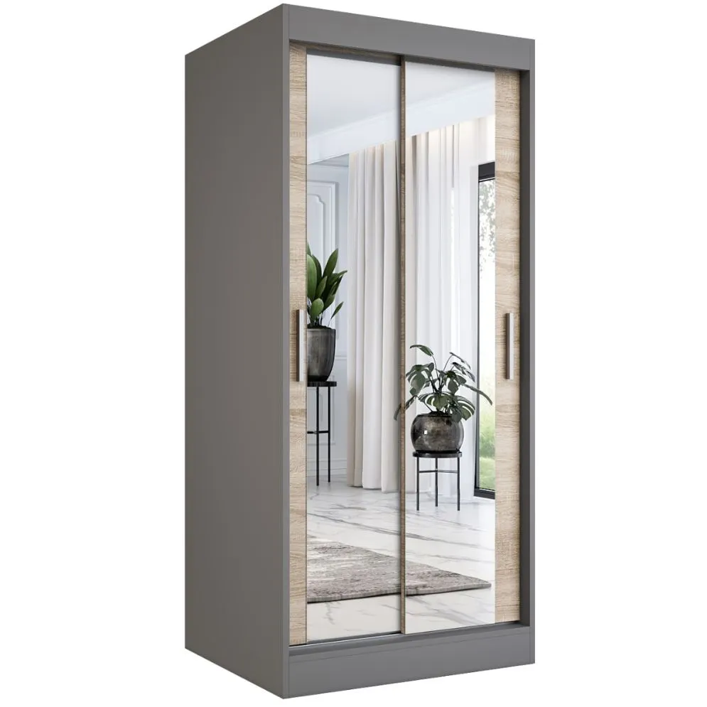 Szafa przesuwna MODUO COMFORT 90 antracyt/dąb sonoma z dwoma lustrami do sypialni | MIRAT. w stylu  kolekcja MODUO COMFORT