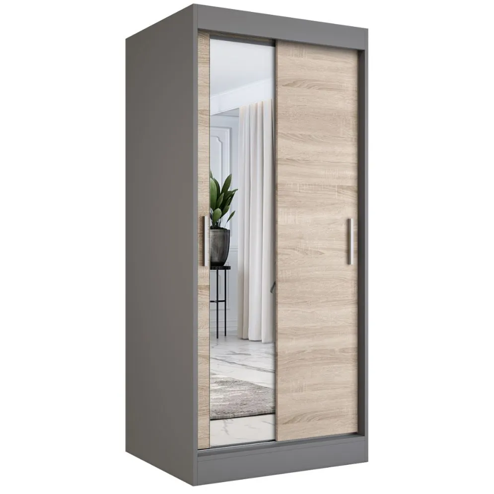 Szafa przesuwna MODUO COMFORT 90 antracyt/dąb sonoma z lustrem z lewej | MIRAT. w stylu  kolekcja MODUO COMFORT