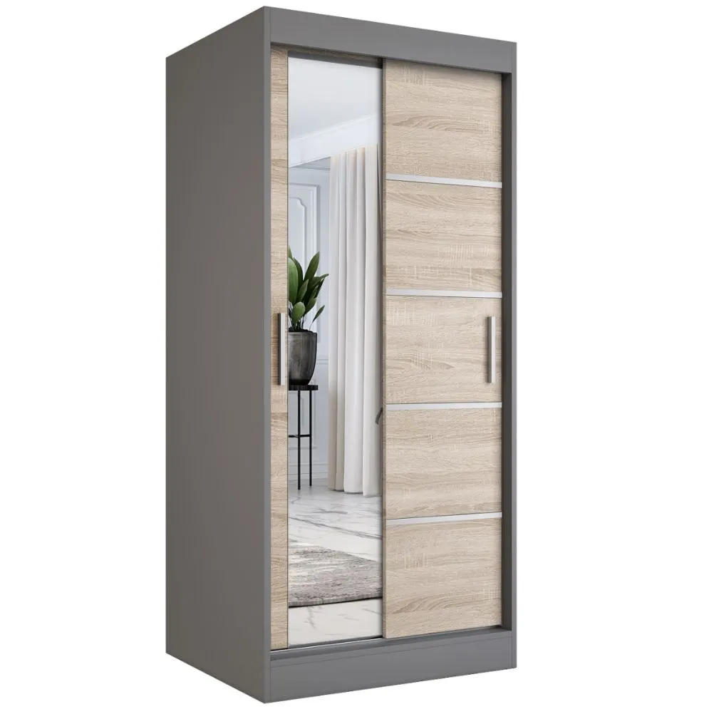 Szafa przesuwna MODUO COMFORT 3 90 antracyt/dąb sonoma z lustrem | MIRAT. w stylu kolekcja MODUO COMFORT