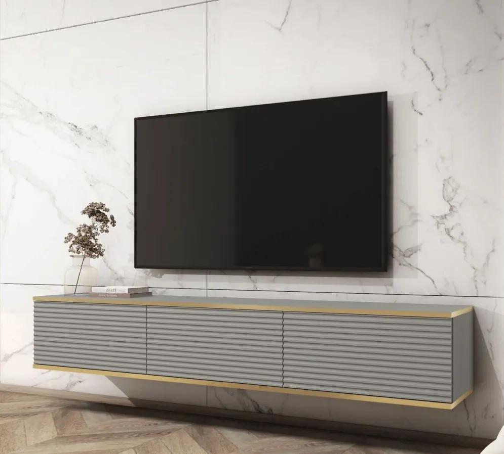 Szafka RTV KARL 3D 175cm wisząca/stojąca szary mat ryflowana I sklep meblowy MIRAT. styl GLAMOUR, RYFLOWANY