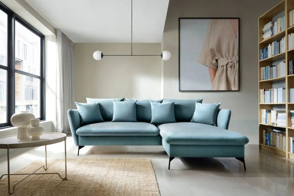 Narożnik z funkcją spania LINDA VELVET niebieski prawy mały I sklep meblowy MIRAT.