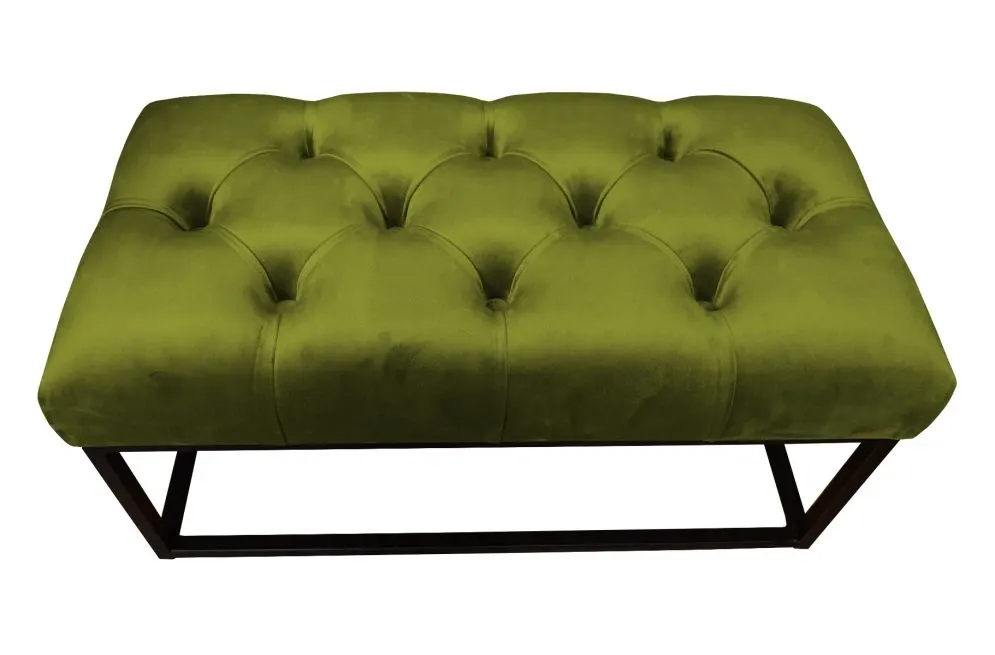 Ławka CHARLIE BL VELVET oliwkowa tapicerowana aksamitem na metalowej podstawie | MIRAT. styl GLAMOUR
