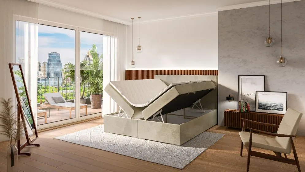 Łóżko kontynentalne MANHATTAN 140 granatowe velvet z pojemnikiem do sypialni | MIRAT. w stylu GLAMOUR kolekcja