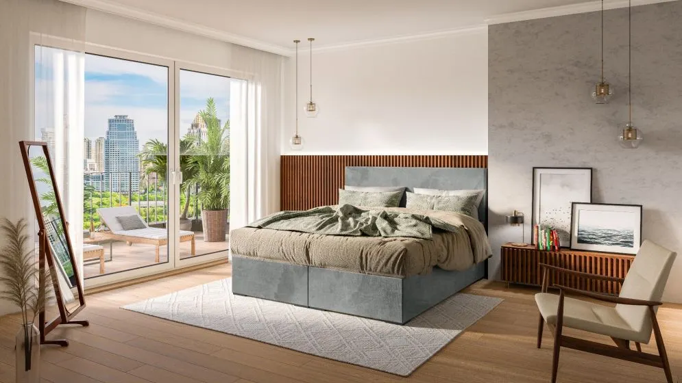 Łóżko kontynentalne MANHATTAN 140 szare velvet z pojemnikiem do sypialni | MIRAT. w stylu GLAMOUR kolekcja