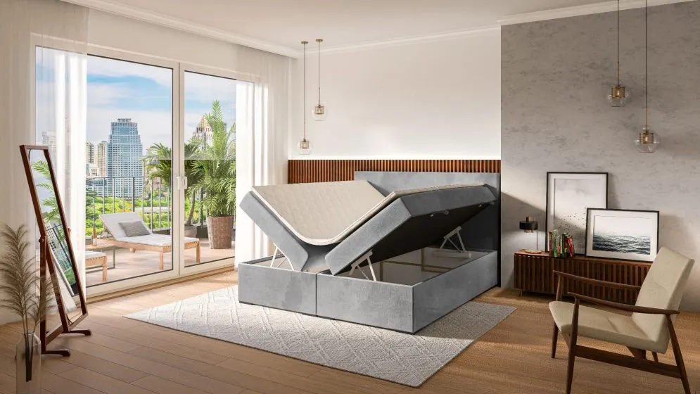 Łóżko kontynentalne MANHATTAN 160 jasno szare velvet z pojemnikiem do sypialni | MIRAT. w stylu GLAMOUR kolekcja