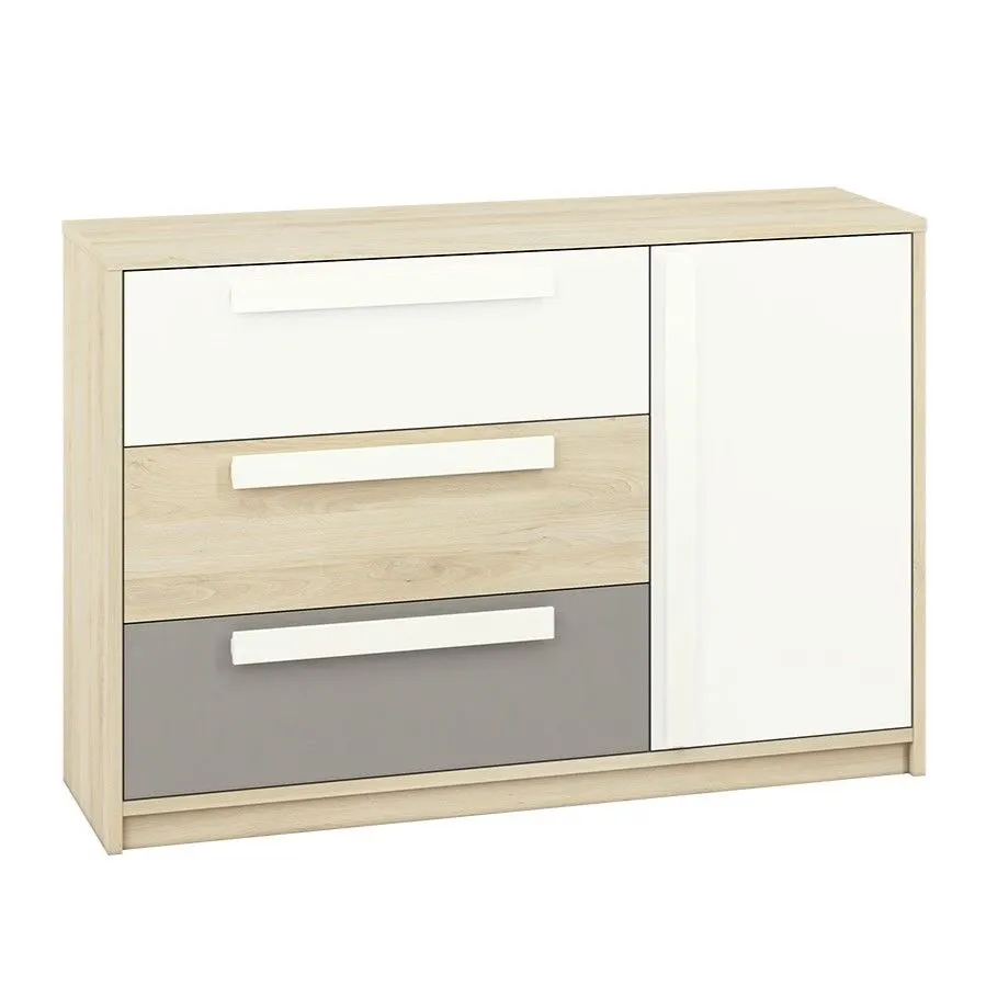 Komoda DOT 138 buk/biała/szara trzyszufladowa polskiej produkcji I sklep meblowy MIRAT. styl SKANDYNAWSKI kolekcja DOT