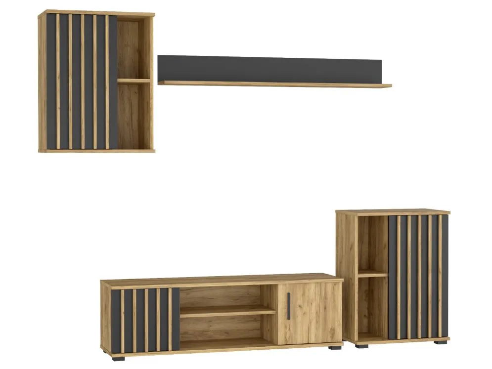 Meblościanka KALI 01 czarna/dąb craft w stylu loftowym I sklep meblowy MIRAT. styl LOFT, RYFLOWANY