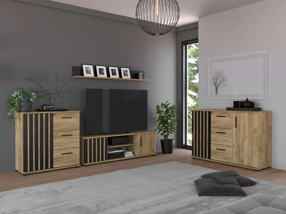 Meblościanka KALI 02 czarna/dąb craft do salonu I sklep meblowy MIRAT. styl LOFT, RYFLOWANY