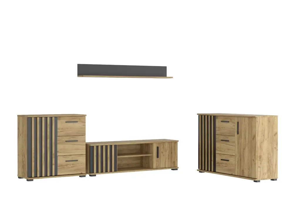 Meblościanka KALI 02 czarna/dąb craft do salonu I sklep meblowy MIRAT. styl LOFT, RYFLOWANY