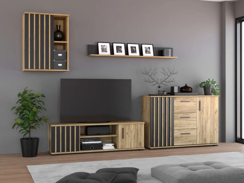 Komoda KALI 120 czarny/dąb craft z szufladami I sklep meblowy MIRAT. styl LOFT, RYFLOWANY