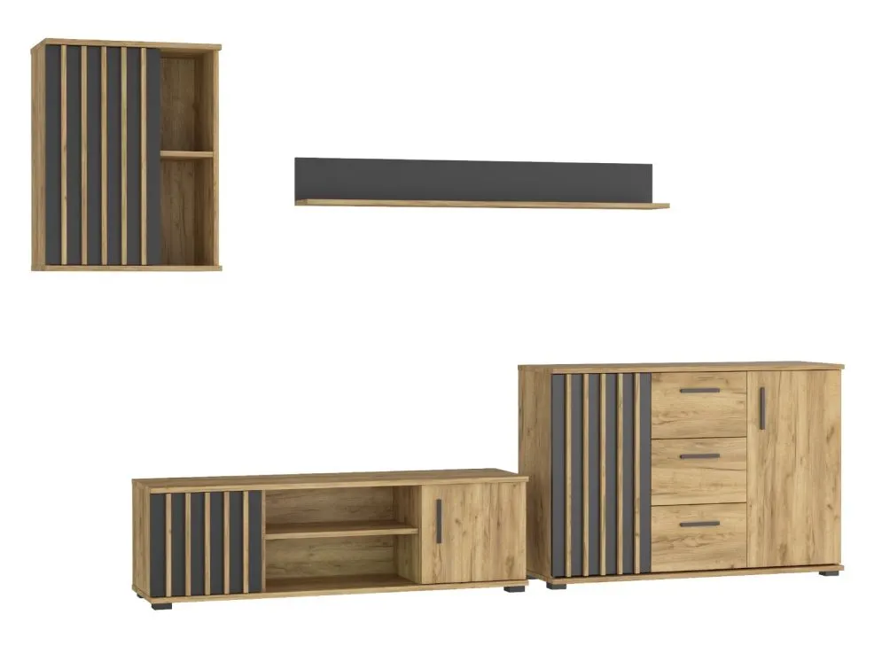 Meblościanka KALI 03 czarna/dąb craft z lamelami I sklep meblowy MIRAT. styl LOFT, RYFLOWANY