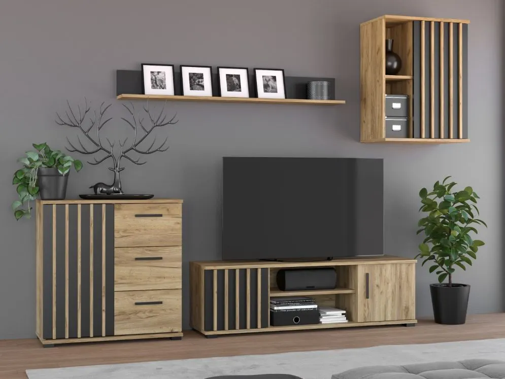 Meblościanka KALI 04 czarna/dąb craft w stylu loftowym I sklep meblowy MIRAT. styl LOFT, RYFLOWANY