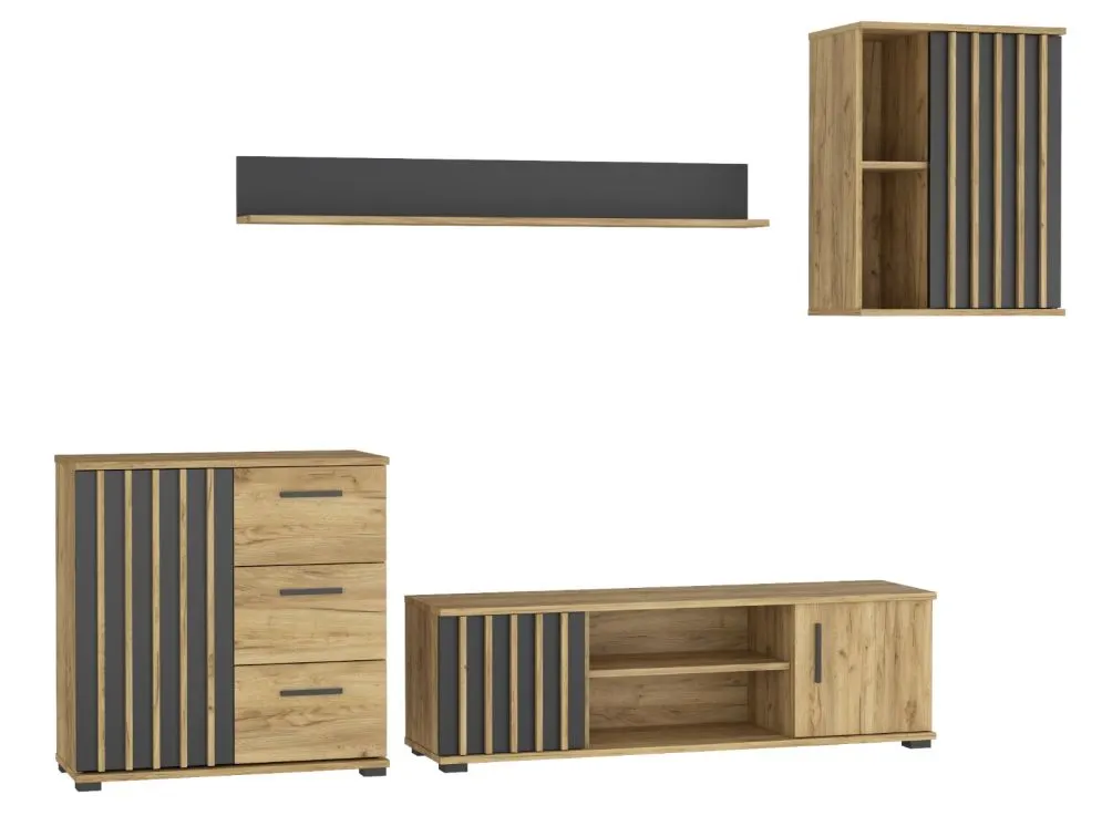 Meblościanka KALI 04 czarna/dąb craft w stylu loftowym I sklep meblowy MIRAT. styl LOFT, RYFLOWANY