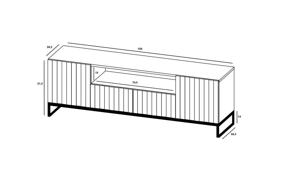 Szafka RTV TAL 2D1K 150cm czarna mat loftowa I sklep meblowy MIRAT. styl GLAMOUR, LOFT, RYFLOWANY kolekcja TAL