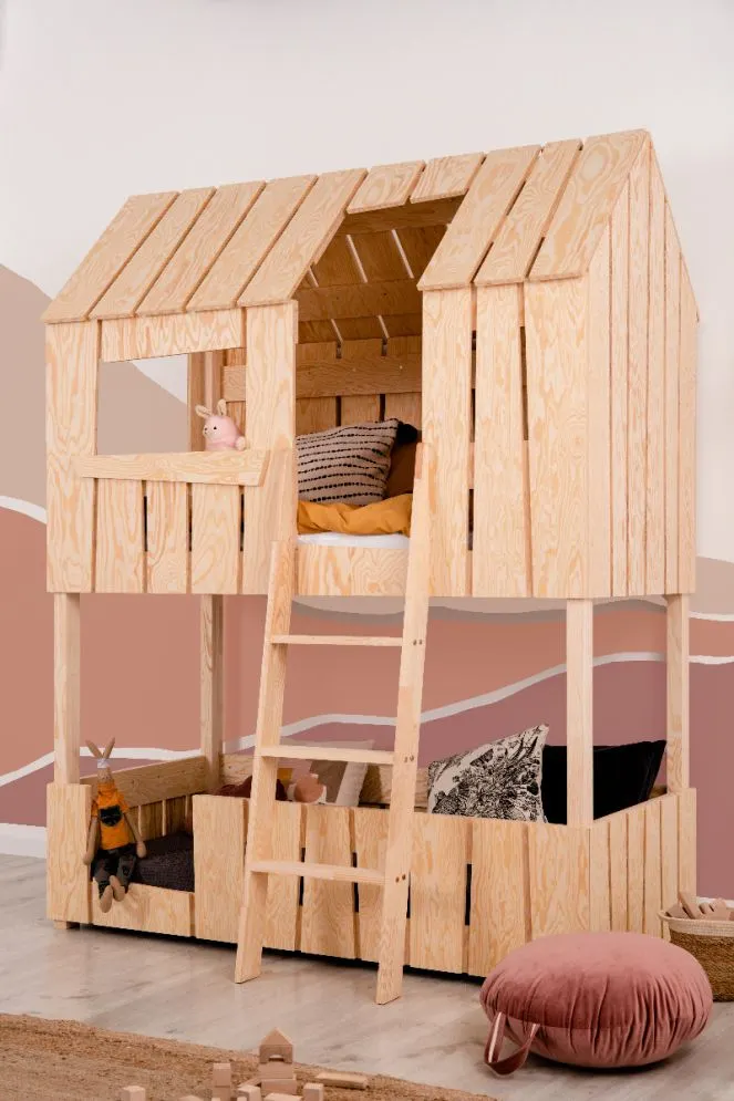 Łóżko piętrowe PAT 80x160 sosna w kształcie domku dziecięce | MIRAT.
