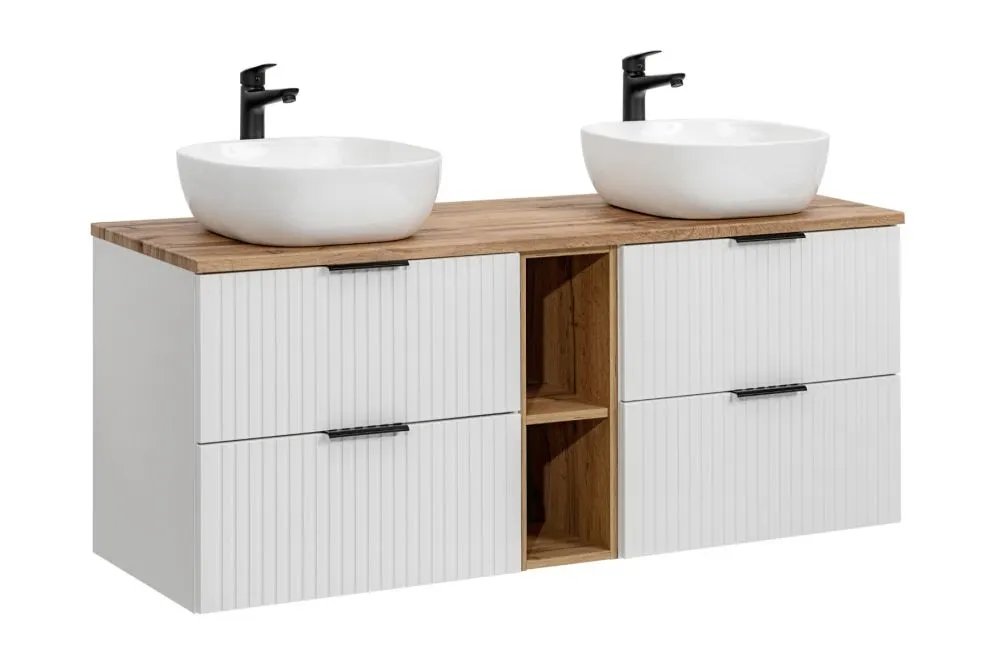 Wisząca szafka pod umywalkę nablatową ADEL WHITE 82 60cmx2 biała - zestaw 140 cm z regałem i blatem I sklep meblowy MIRAT. styl RYFLOWANY, SKANDYNAWSKI