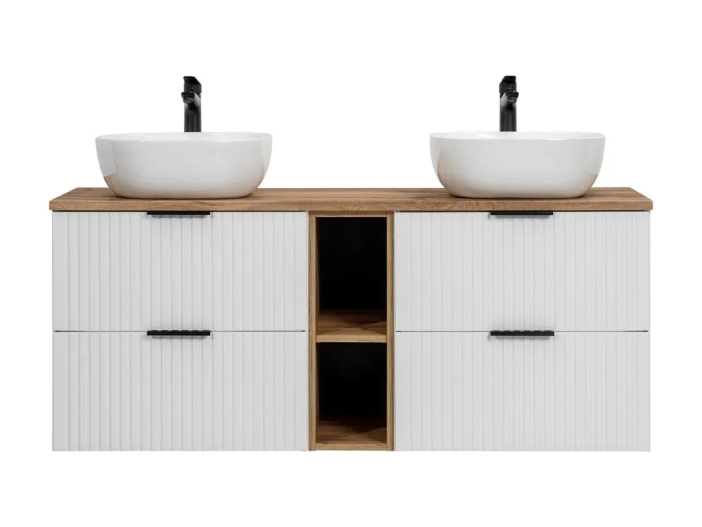 Wisząca szafka pod umywalkę nablatową ADEL WHITE 82 60cmx2 biała - zestaw 140 cm z regałem i blatem I sklep meblowy MIRAT. styl RYFLOWANY, SKANDYNAWSKI