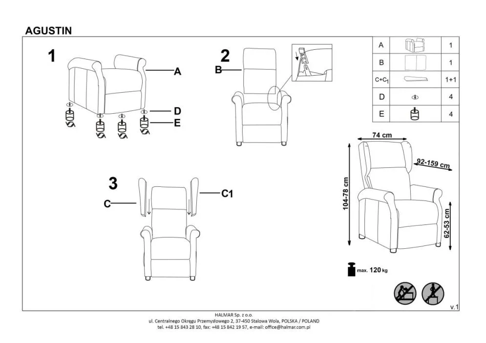 Fotel AGUSTIN szary rozkładany z podnóżkiem | MIRAT.