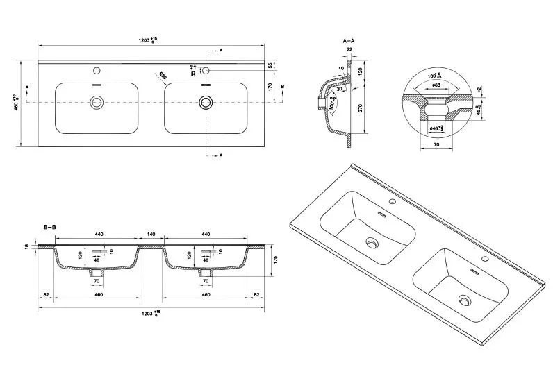 Umywalka wpuszczana dwukomorowa ALTON 120 cm biała ceramiczna | MIRAT