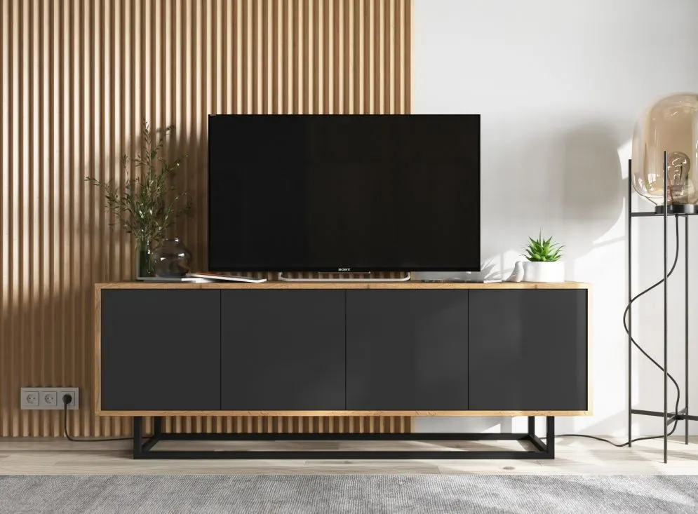 Szafka RTV NILA 3 150 dąb wotan/czarna mat z półkami | MIRAT. styl LOFT kolekcja NILA