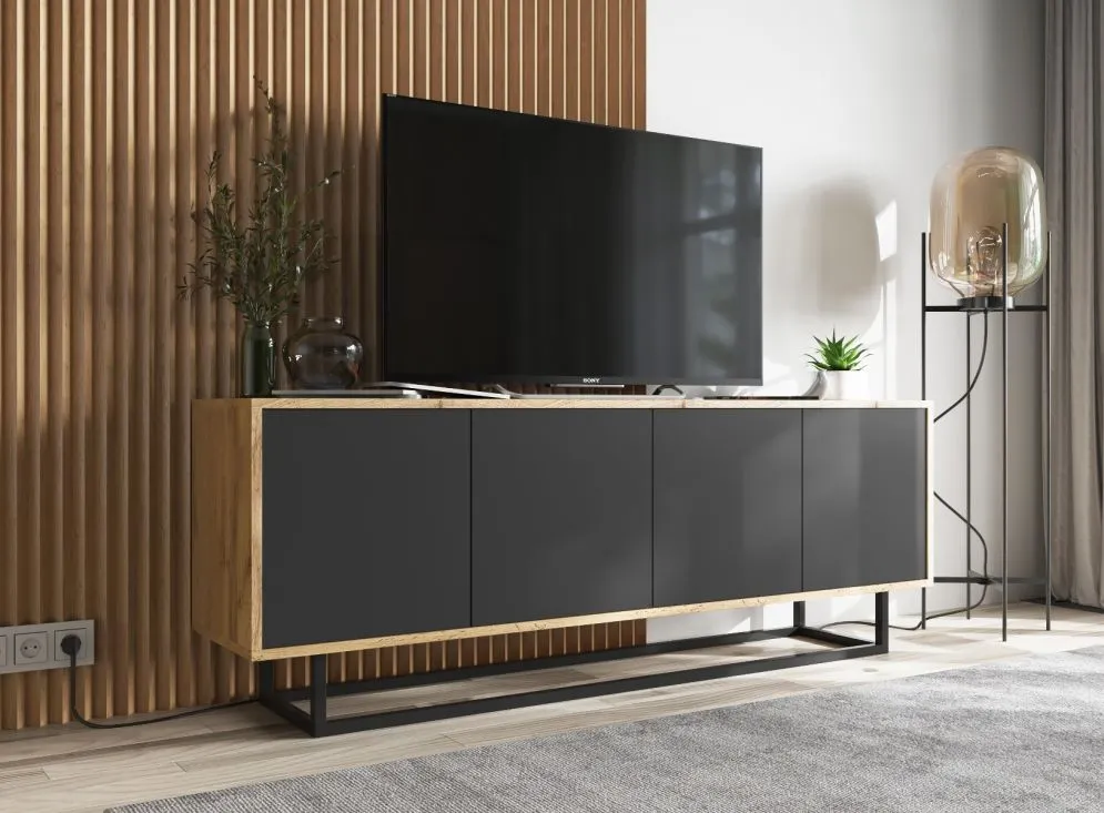 Szafka RTV NILA 3 150 dąb wotan/czarna mat z półkami | MIRAT. styl LOFT kolekcja NILA