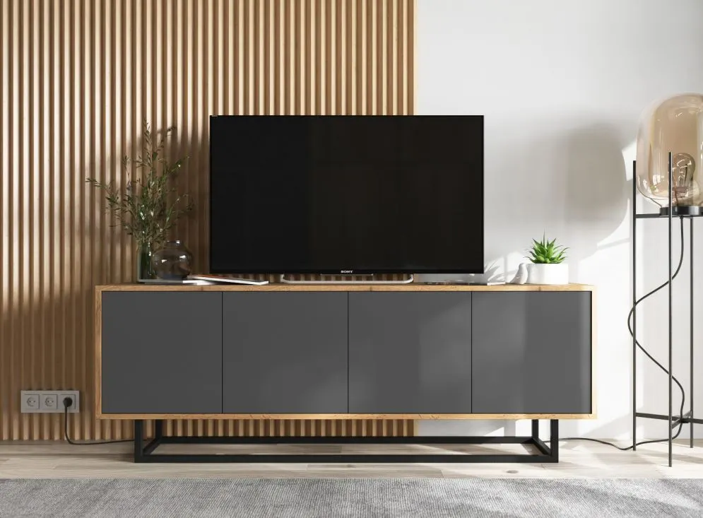 Szafka RTV NILA 3 150 dąb wotan/grafit mat z półkami | MIRAT. styl LOFT kolekcja NILA