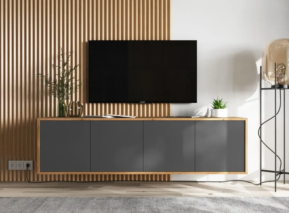 Szafka RTV NILA 4 150 dąb wotan/grafit mat z półkami | MIRAT. styl LOFT kolekcja NILA