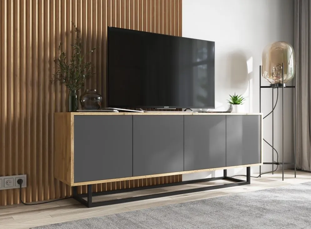 Szafka RTV NILA 3 150 dąb wotan/grafit mat z półkami | MIRAT. styl LOFT kolekcja NILA