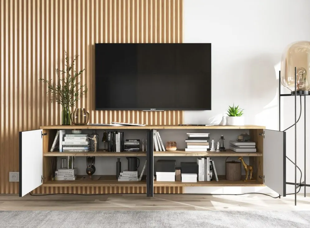 Szafka RTV NILA 4 150 dąb wotan/czarna mat z półkami | MIRAT. styl LOFT kolekcja NILA