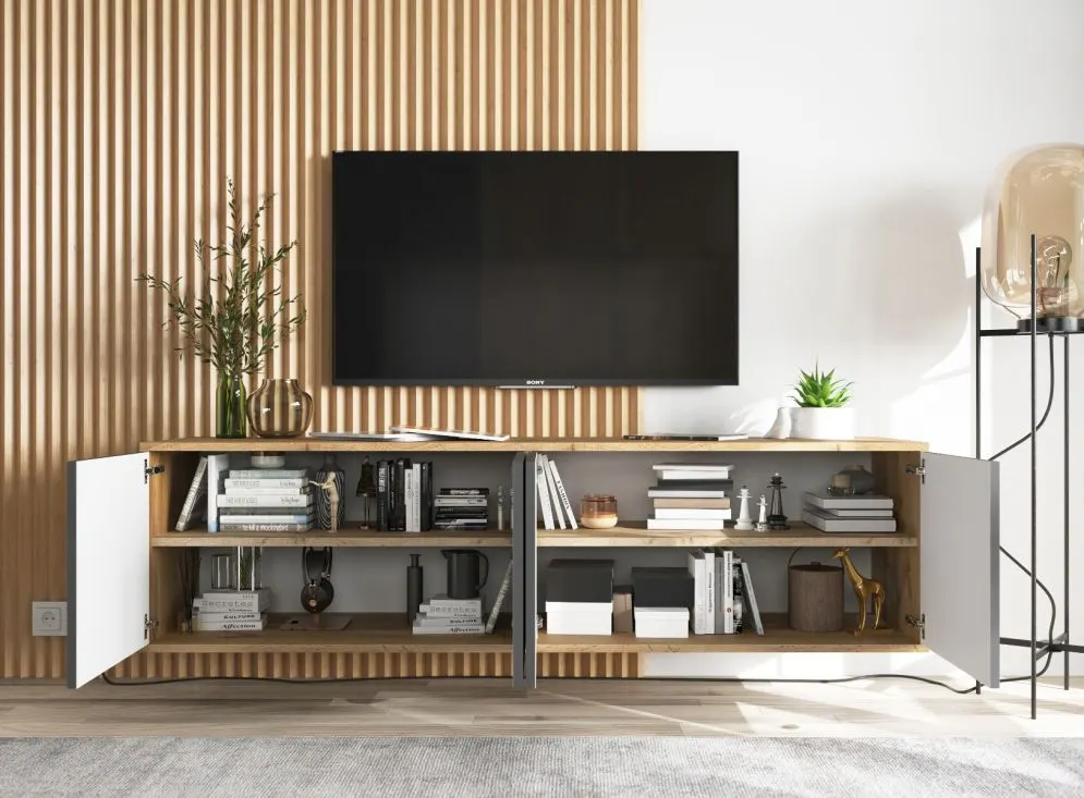 Szafka RTV NILA 4 150 dąb wotan/grafit mat z półkami | MIRAT. styl LOFT kolekcja NILA