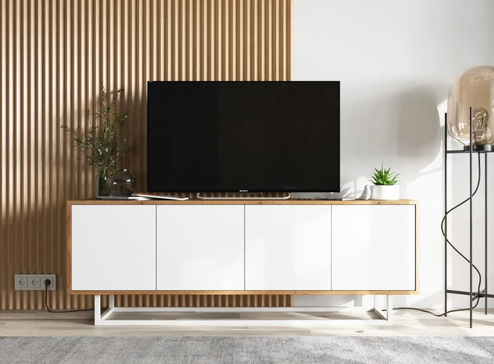 Szafka RTV NILA 3 150 dąb wotan/biała mat z półkami | MIRAT. styl LOFT kolekcja NILA