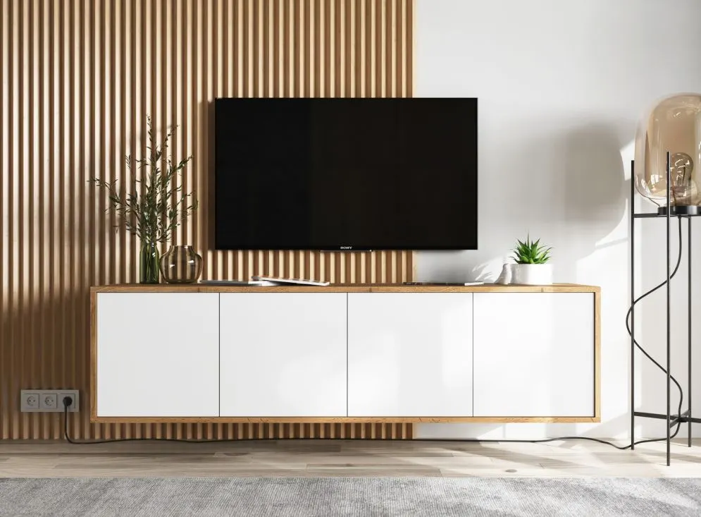 Szafka RTV NILA 4 150 dąb wotan/biała mat z półkami | MIRAT. styl LOFT kolekcja NILA