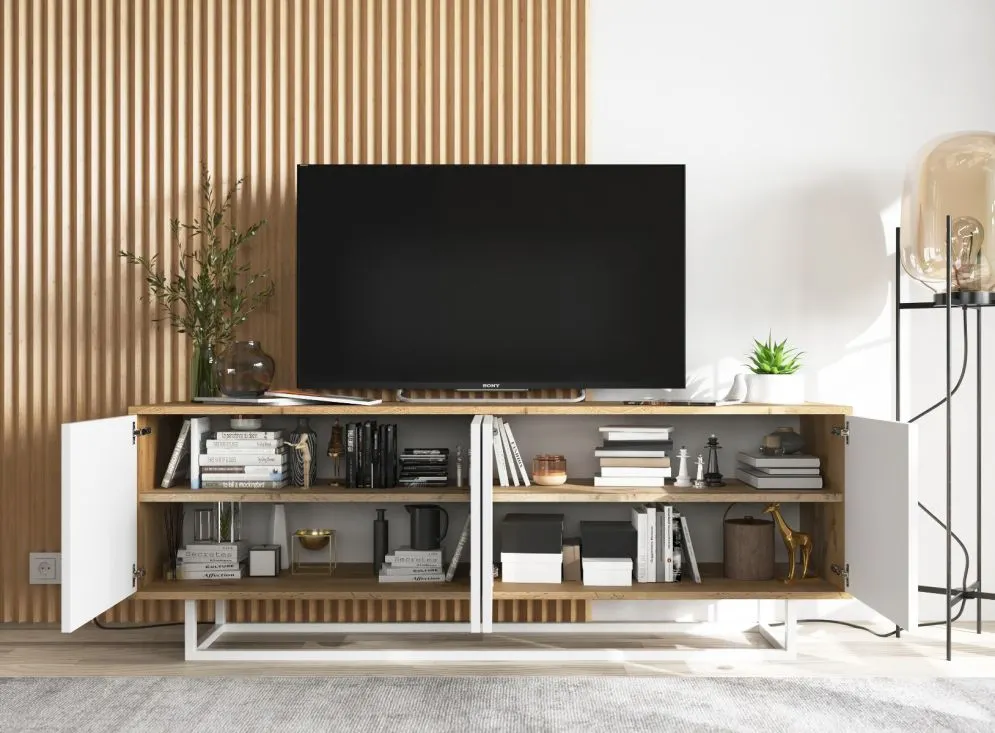 Szafka RTV NILA 3 150 dąb wotan/biała mat z półkami | MIRAT. styl LOFT kolekcja NILA