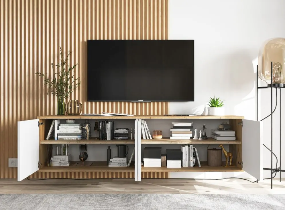 Szafka RTV NILA 4 150 dąb wotan/biała mat z półkami | MIRAT. styl LOFT kolekcja NILA