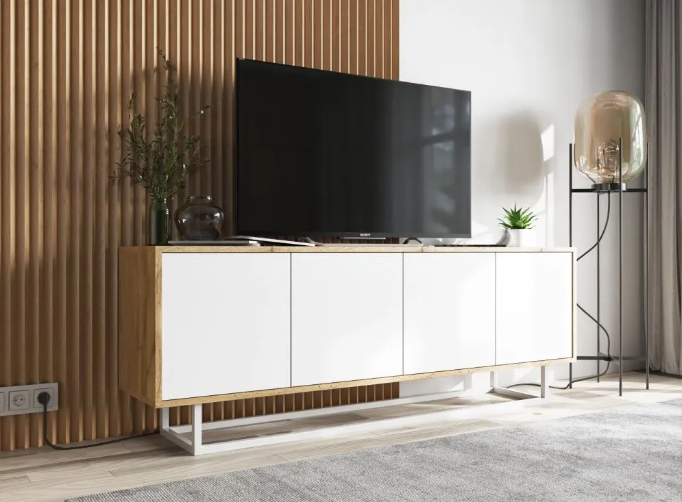 Szafka RTV NILA 3 150 dąb wotan/biała mat z półkami | MIRAT. styl LOFT kolekcja NILA