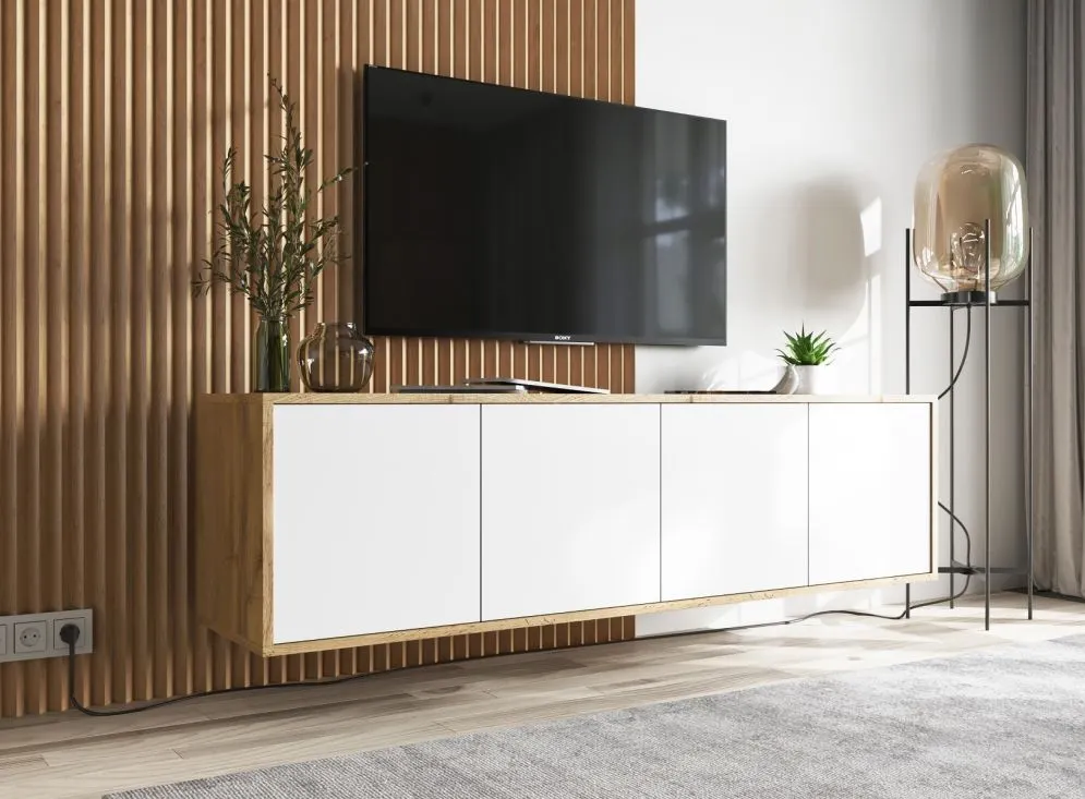 Szafka RTV NILA 4 150 dąb wotan/biała mat z półkami | MIRAT. styl LOFT kolekcja NILA