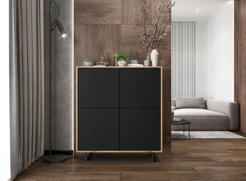 Komoda NILA 4D 113 dąb wotan/czarna mat czterodrzwiowa | MIRAT. styl LOFT kolekcja NILA