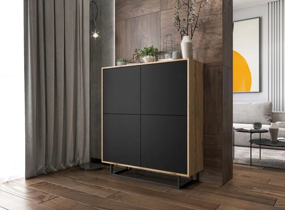 Komoda NILA 4D 113 dąb wotan/czarna mat czterodrzwiowa | MIRAT. styl LOFT kolekcja NILA