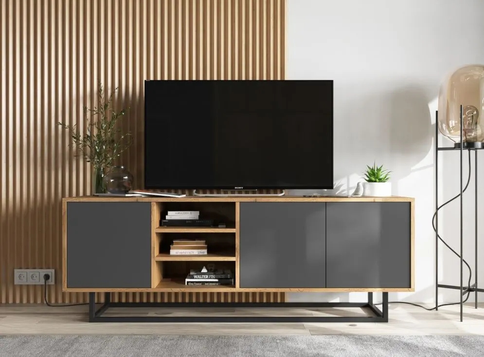 Szafka RTV NILA 1 150 dąb wotan/grafit mat z półkami | MIRAT. styl LOFT kolekcja NILA