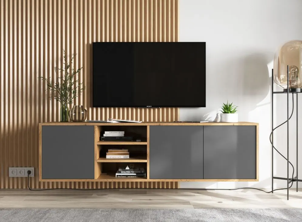 Szafka RTV NILA 2 150 dąb wotan/grafit mat wisząca | MIRAT. styl LOFT kolekcja NILA