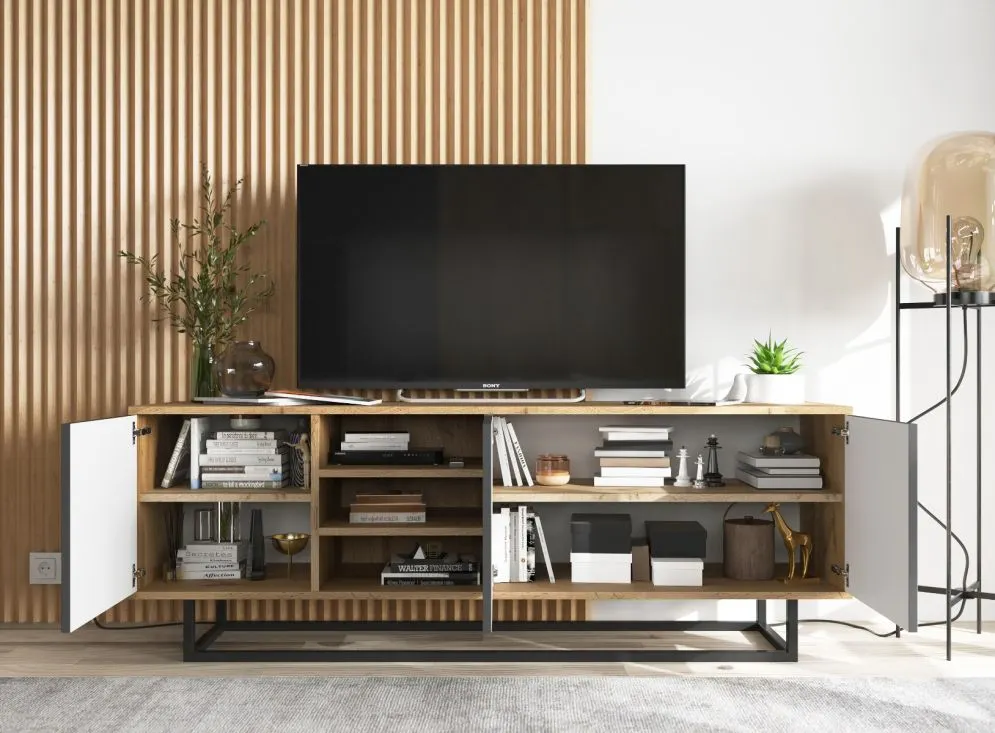 Szafka RTV NILA 1 150 dąb wotan/grafit mat z półkami | MIRAT. styl LOFT kolekcja NILA