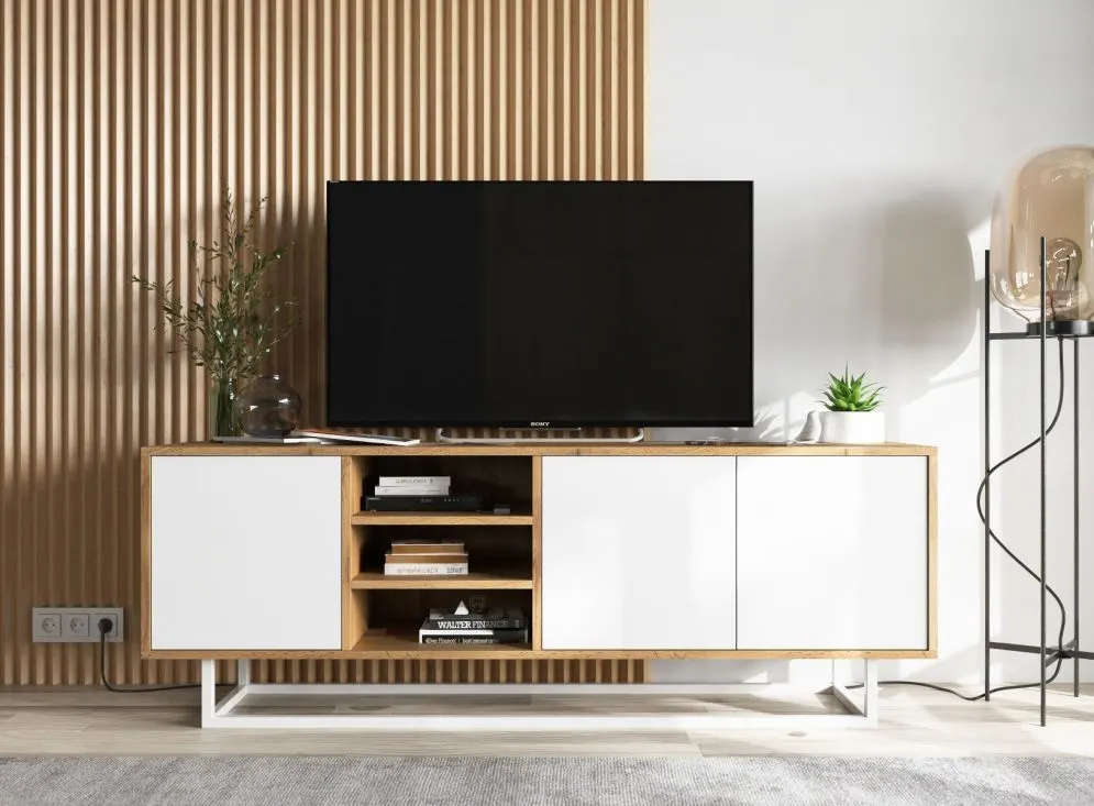 Szafka RTV NILA 1 150 dąb wotan/biała mat z półkami | MIRAT. styl LOFT kolekcja NILA