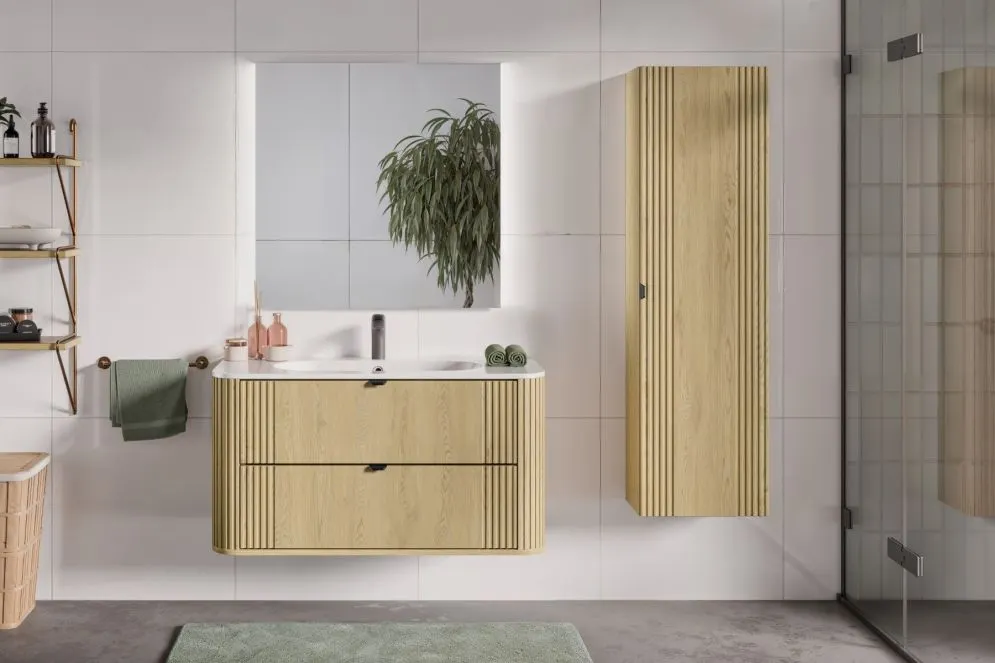 Szafka pod umywalkę OVALIA CREMONA 2S 100cm dąb cremona z umywalką wpuszczaną PURE I sklep meblowy MIRAT. styl RYFLOWANY, SKANDYNAWSKI kolekcja OVALIA