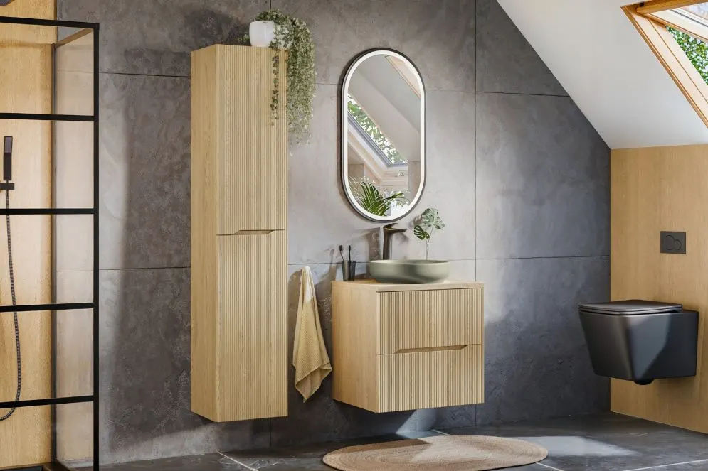 Szufladowa szafka pod umywalkę nablatową NORDIC CREMONA 2S 60cm dąb cremona z blatem I sklep meblowy MIRAT. styl RYFLOWANY, SKANDYNAWSKI kolekcja CD-NORDIC