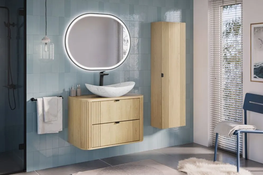 Ryflowana szafka pod umywalkę nablatową OVALIA CREMONA 2S 80cm dąb cremona z blatem I sklep meblowy MIRAT. styl RYFLOWANY, SKANDYNAWSKI kolekcja OVALIA