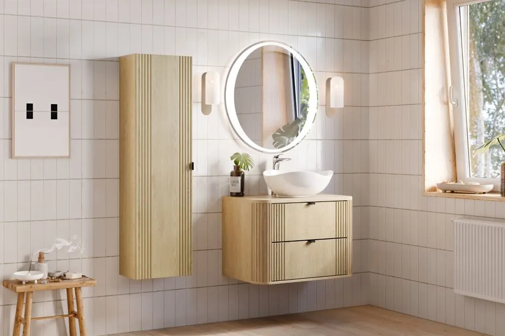 Ryflowana szafka pod umywalkę nablatową OVALIA CREMONA 2S 80cm dąb cremona z blatem I sklep meblowy MIRAT. styl RYFLOWANY, SKANDYNAWSKI kolekcja OVALIA