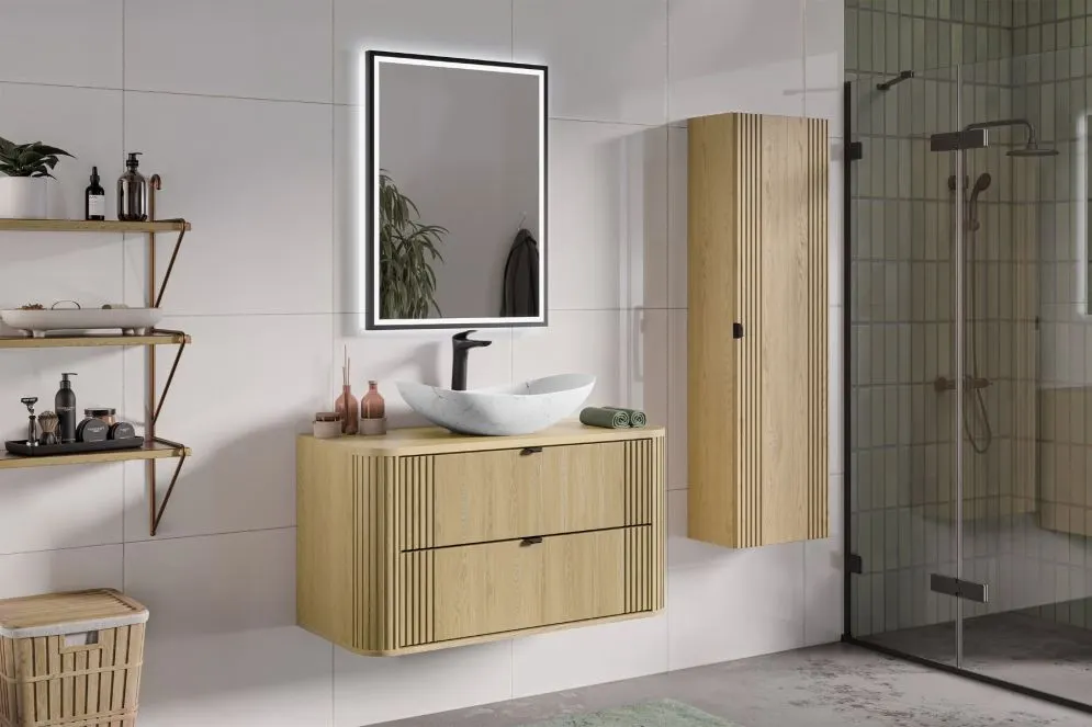 Trwała szafka pod umywalkę nablatową OVALIA CREMONA 2S 100cm dąb cremona z blatem I sklep meblowy MIRAT. styl RYFLOWANY, SKANDYNAWSKI kolekcja OVALIA