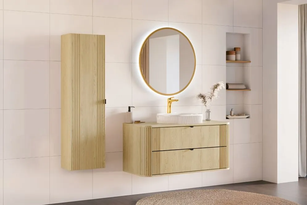 Wisząca szafka pod umywalkę nablatową OVALIA CREMONA 2S 120cm dąb cremona z blatem I sklep meblowy MIRAT. styl RYFLOWANY, SKANDYNAWSKI kolekcja OVALIA