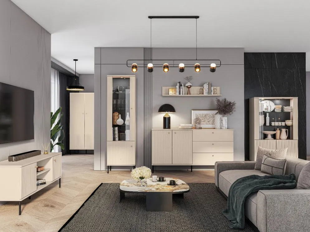 Witryna wysoka ELLEN kaszmir z podświetleniem LED I sklep meblowy MIRAT. styl GLAMOUR, RYFLOWANY